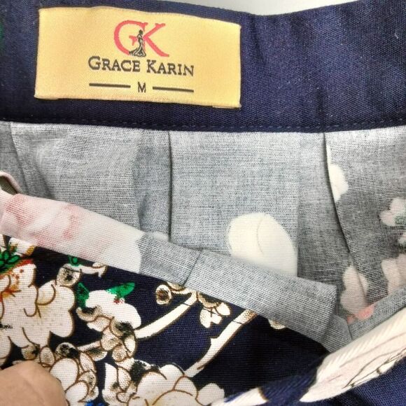 Grace Karin A-Line Skirt Womens Size M Navy Blue Floral Pleated Short Stretch - Picture 9 of 11